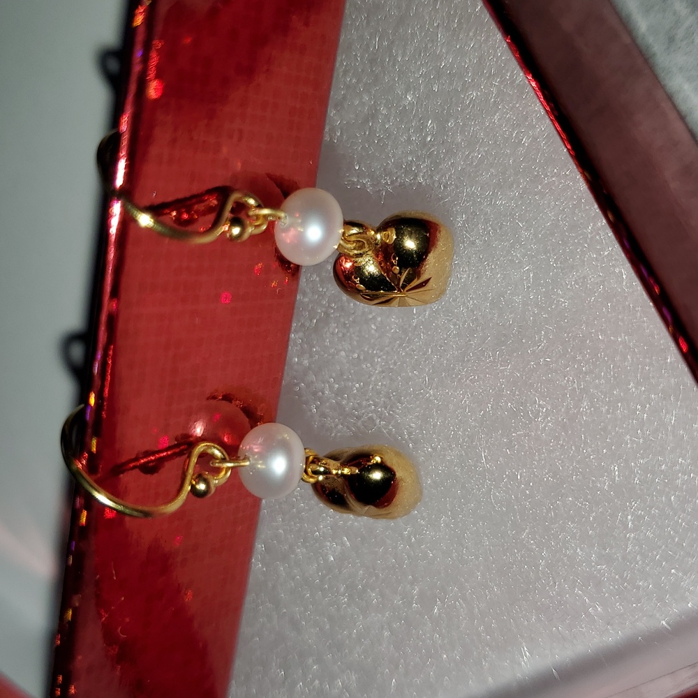 Heart & Freshwater Pearl Earrrings Primavera Italy 24K Gold / Sterling Silver - Picture 4 of 5